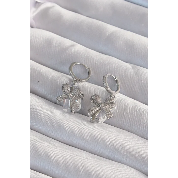 Pirinç Gümüş Renk İri Zirkon Taşlı Fiyonk Model Halka Küpe