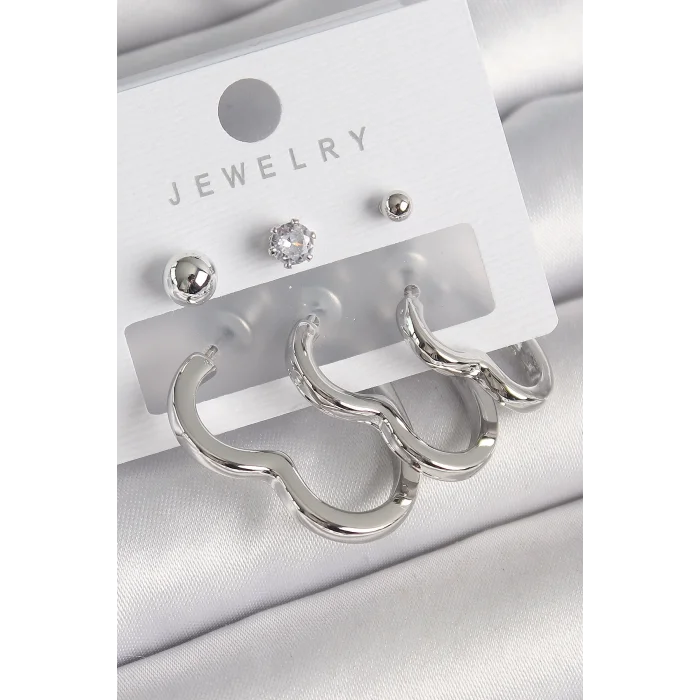 Pirinç Gümüş Renk Kalp Model Zirkon Taş Topçuk Detay Kadın Küpe Seti