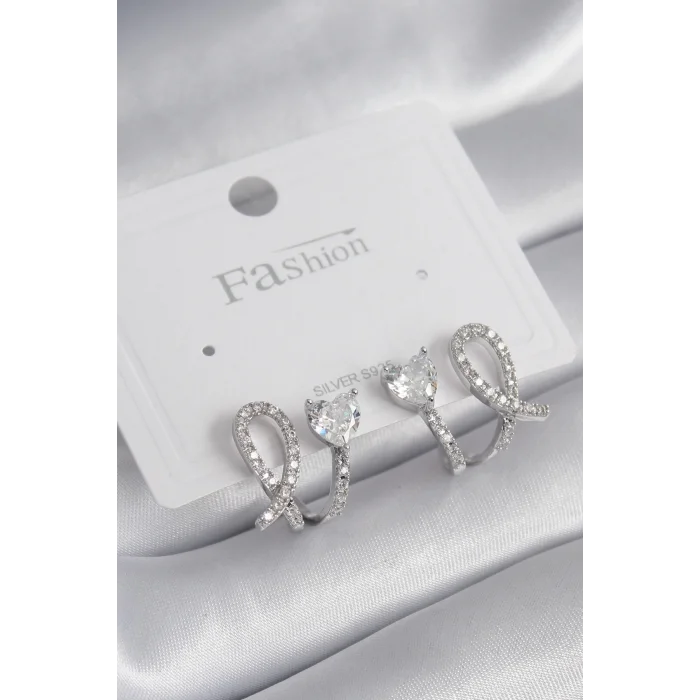 Pirinç Gümüş Renk Kalp Model Zirkon Taşlı Kadın Küpe