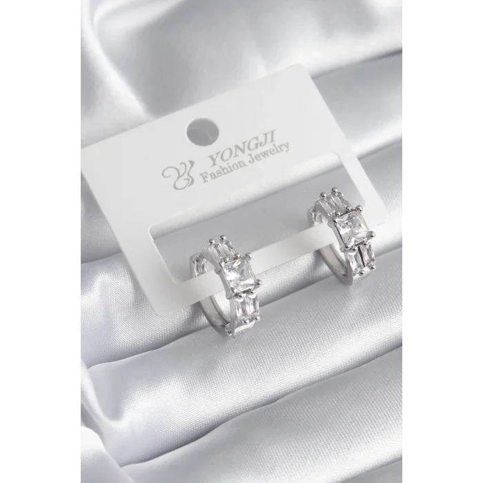 Pirinç Gümüş Renk Kare Zirkon Taşlı Kadın Küpe