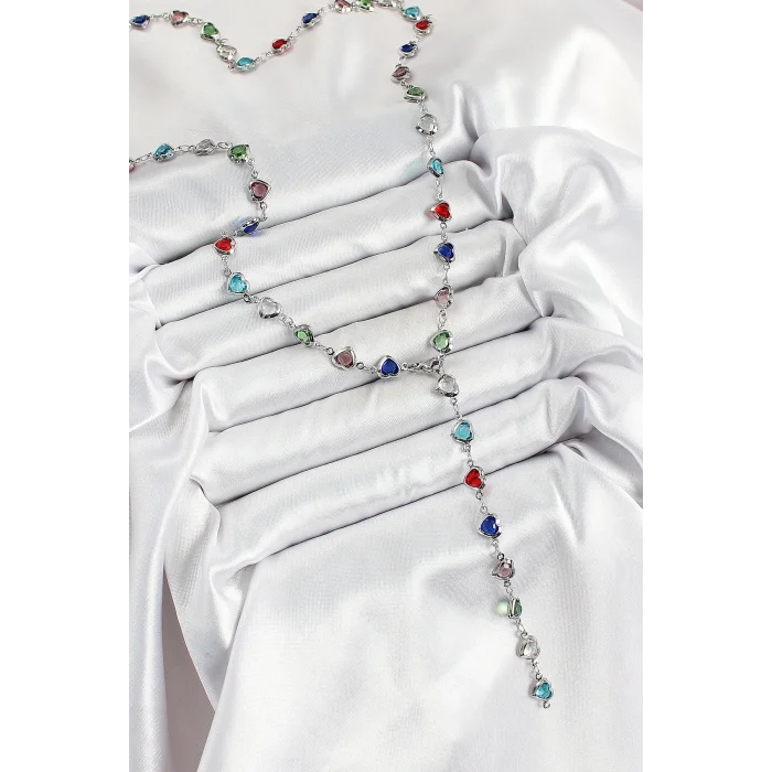 Pirinç Gümüş Renk Karışık Renk Zirkon Taşlı Kalpli Y Kadın Kolye