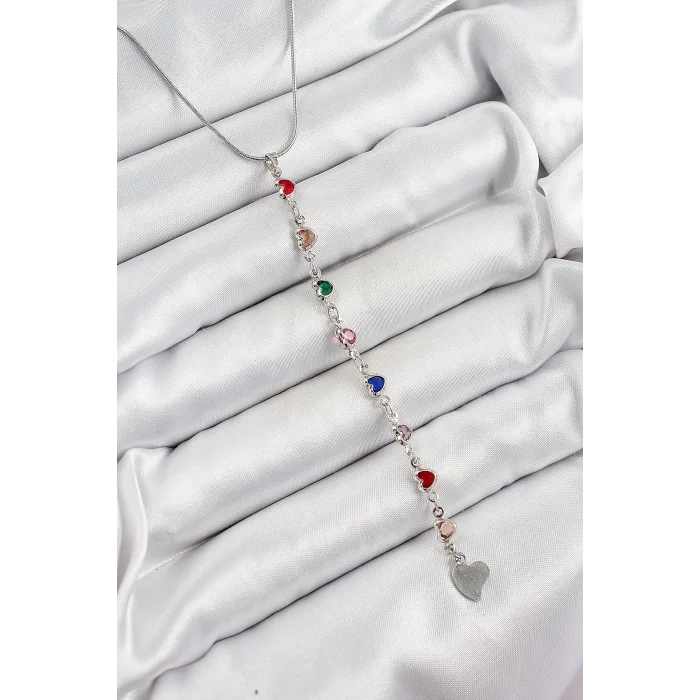 Pirinç Gümüş Renk Karışık Renk Zirkon Taşlı Kalpli Y Kadın Kolye