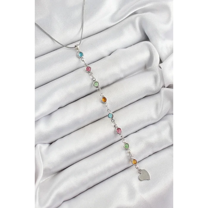 Pirinç Gümüş Renk Karışık Renk Zirkon Taşlı Y Kadın Kolye