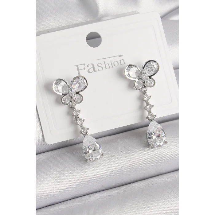 Pirinç Gümüş Renk Kelebek Model Sallantı Damla Zirkon Taşlı Kadın Küpe