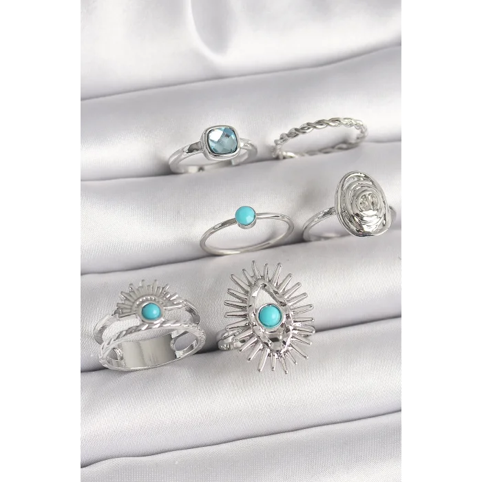 Pirinç Gümüş Renk Mavi Taşlı Kare Zirkon Taş Detaylı Kadın Yüzük Kombini