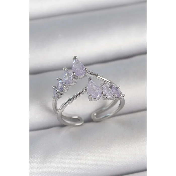 Pirinç Gümüş Renk Mor Damla Zirkon Taşlı Taç Model Kadın Yüzük
