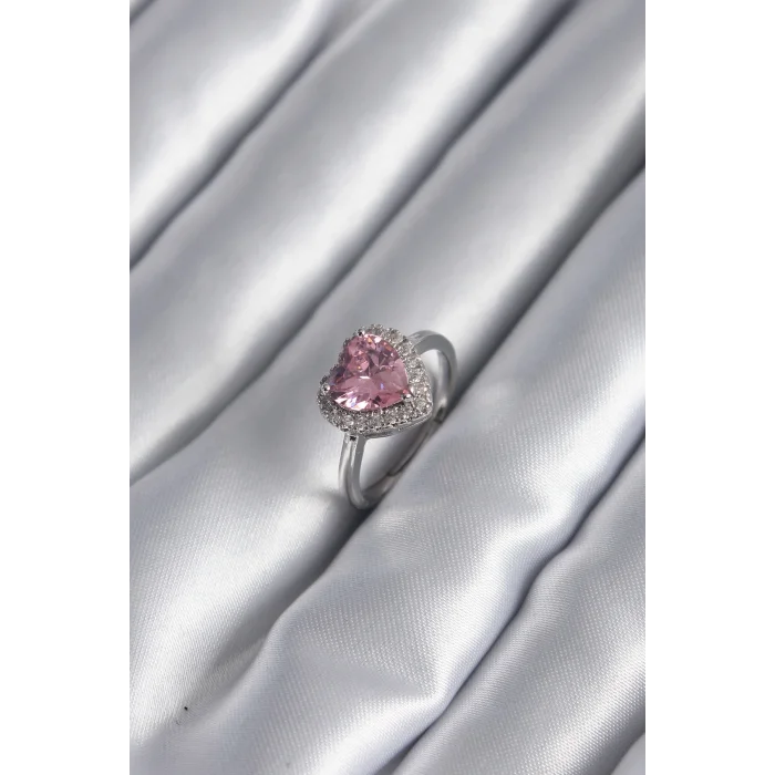 Pirinç Gümüş Renk Pembe Zirkon Taş Kalp Charm Model Kadın Yüzük