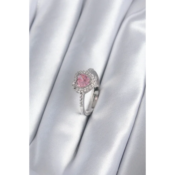 Pirinç Gümüş Renk Pembe Zirkon Taş Kalp Charm Model Kadın Yüzük