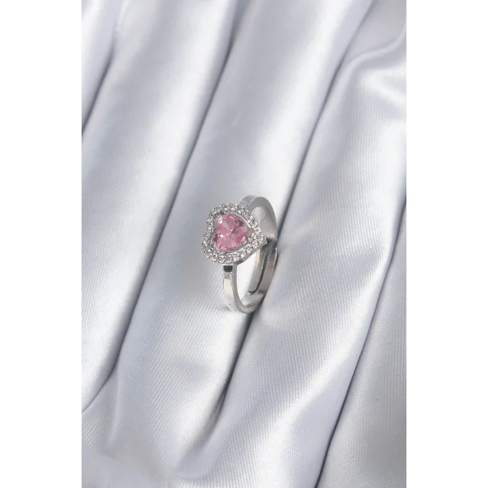 Pirinç Gümüş Renk Pembe Zirkon Taşlı Charm Model Kadın Yüzük