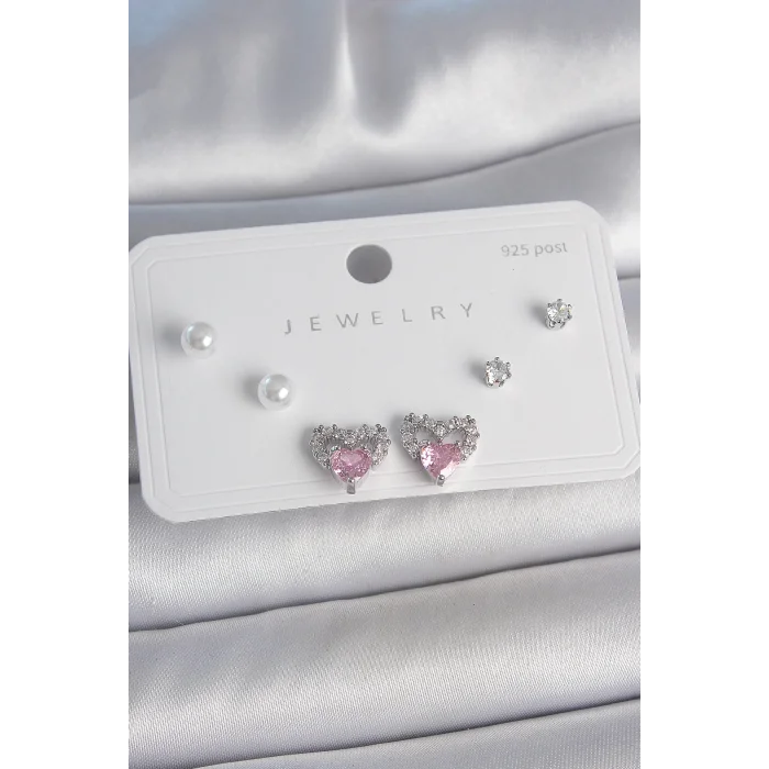 Pirinç Gümüş Renk Pembe Zirkon Taşlı Kalp Model İnci Detay 925 Ayar Gümüş Çivi Kadın Küpe Seti