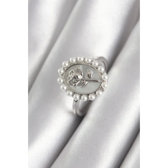 Pirinç Gümüş Renk Portre Gül Model İnci Detay Kadın Yüzük