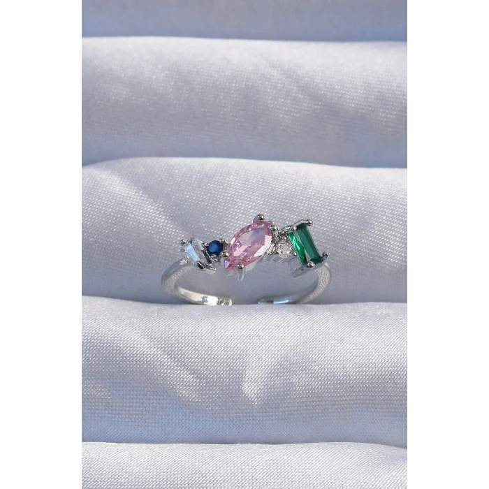 Pirinç Gümüş Renk Renkli Zirkon Taşlı Ayarlanabilir Yüzük