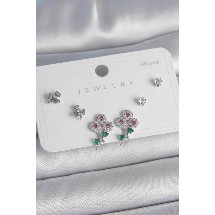 Pirinç Gümüş Renk Renkli Zirkon Taşlı Çiçek Model Yaprak Detay 925 Ayar Gümüş Çivi Kadın Küpe Seti