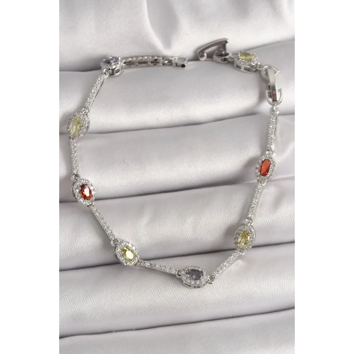 Pirinç Gümüş Renk Renkli Zirkon Taşlı Damla Taş Model Kadın Bileklik