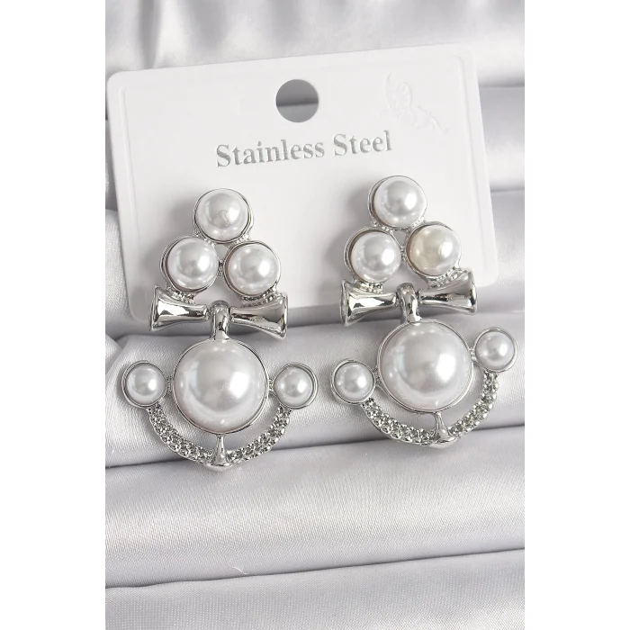 Pirinç Gümüş Renk Sallantı İncili Çapa Model Kadın Küpe