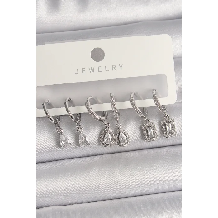 Pirinç Gümüş Renk Sallantı Zirkon Taşlı Damla Model Kadın Küpe Seti
