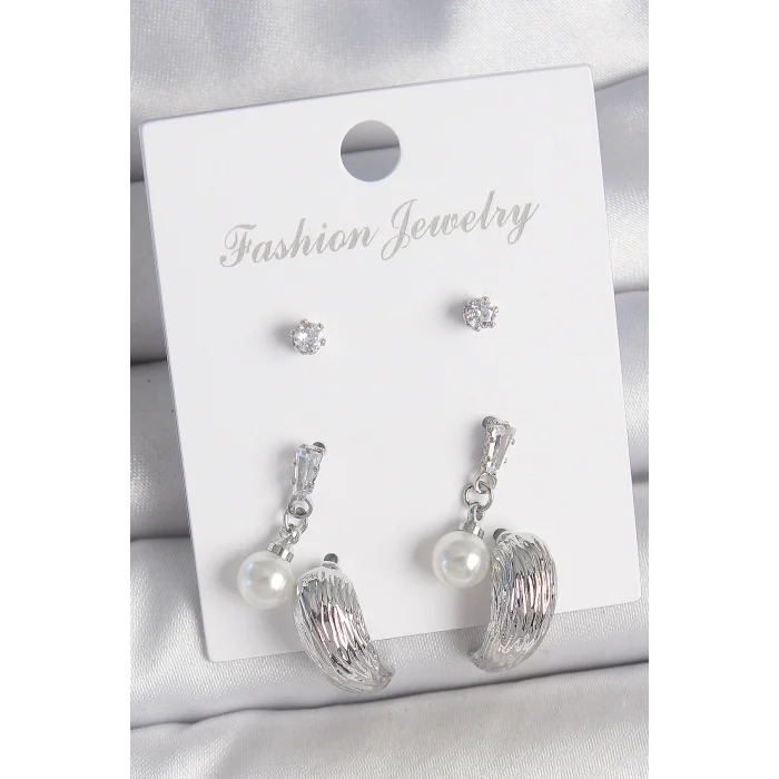 Pirinç Gümüş Renk Sallantılı Zirkon Taşlı Damla Model 3 Çift Kadın Küpe Seti