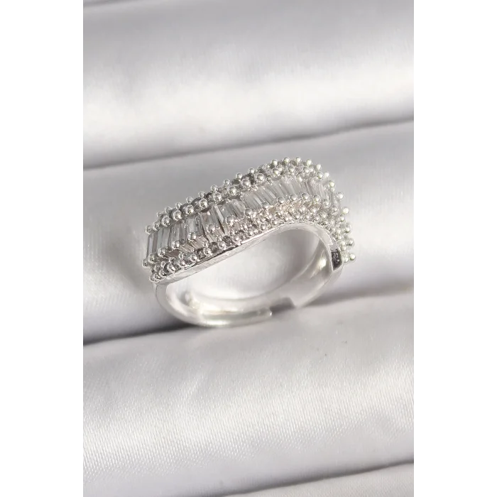 Pirinç Gümüş Renk Su Yolu Zirkon Dalga Model Ayarlanabilir Kadın Yüzük