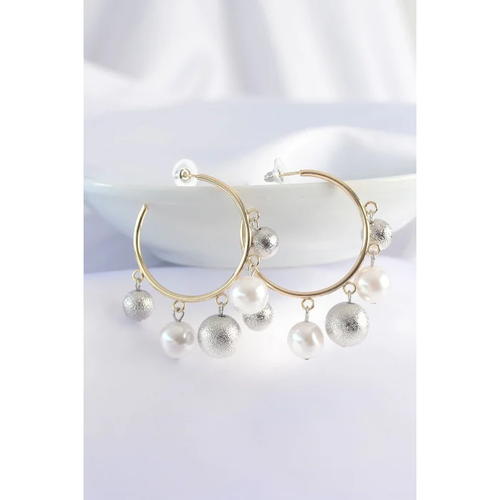 Pirinç Gümüş Renk Topçuk Model Gold Renk Halka Küpe