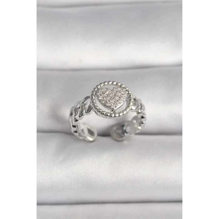 Pirinç Gümüş Renk Zincir Model Zirkon Taşlı Kalp Model Kadın Yüzük