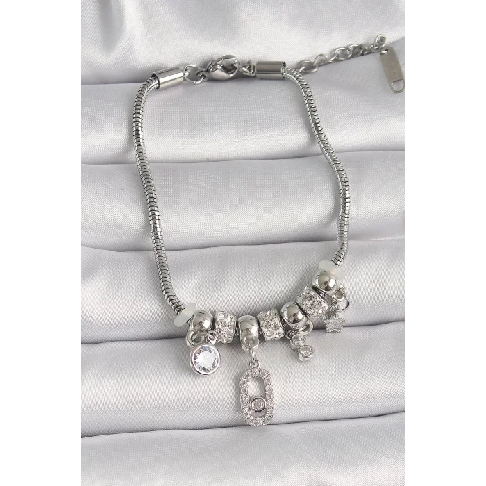 Pirinç Gümüş Renk Zincir Sallantı Zirkon Taşlı Messika Figür Yıldız Detay Kadın Bileklik