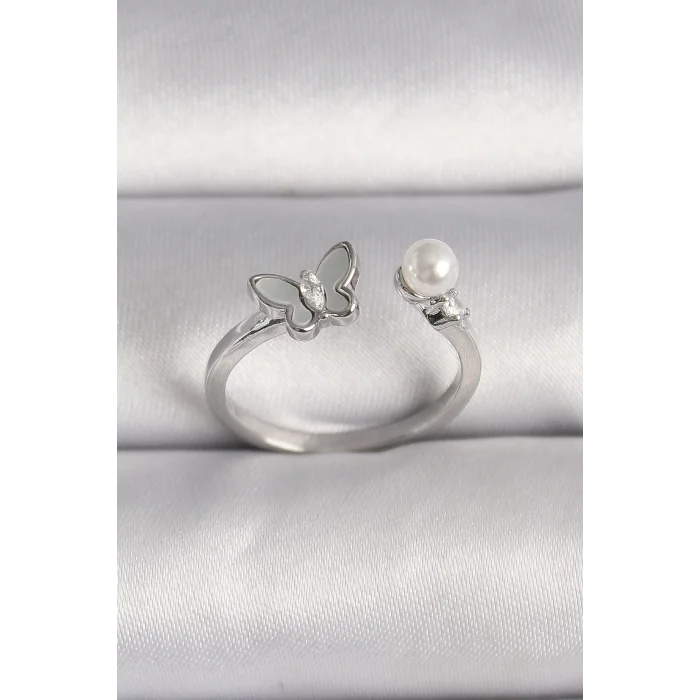 Pirinç Gümüş Renk Zirkon Taş Detaylı Beyaz Mineli Kelebek Figür İnci Detay Ayarlanabilir Yüzük