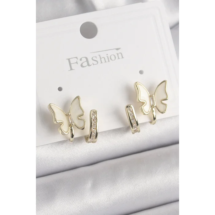 Pirinç Gümüş Renk Zirkon Taş Detaylı Beyaz Sedefli Kelebek Model Kadın Küpe