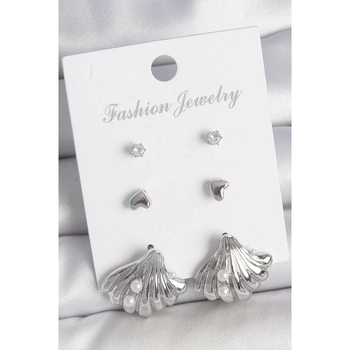 Pirinç Gümüş Renk Zirkon Taş Detaylı İnci Detaylı Deniz Kabuğu Model 3 Çift Kadın Küpe