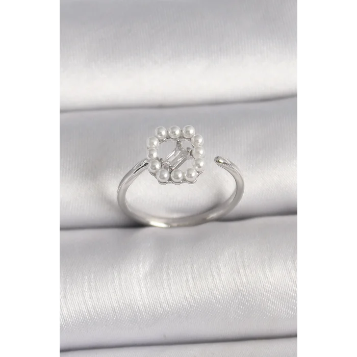 Pirinç Gümüş Renk Zirkon Taş Detaylı İncili Ayarlanabilir Yüzük