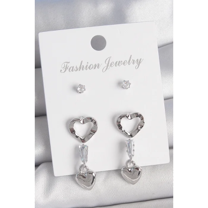 Pirinç Gümüş Renk Zirkon Taş Detaylı Sallantı Model 2 Çift Kadın Küpe Seti