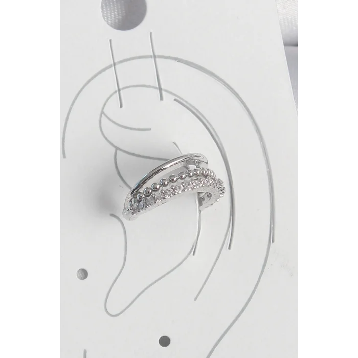 Pirinç Gümüş Renk Zirkon Taşlı 3Lü Sıralı Kadın Kıkırdak Küpe