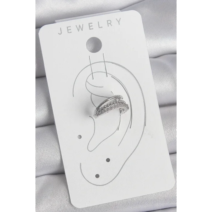 Pirinç Gümüş Renk Zirkon Taşlı 3Lü Sıralı Kadın Kıkırdak Küpe