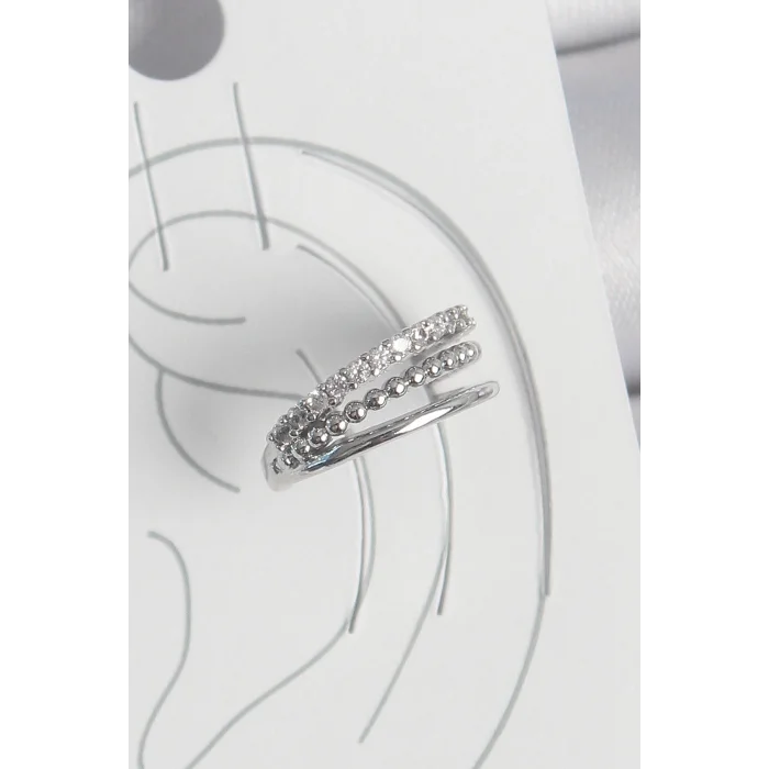 Pirinç Gümüş Renk Zirkon Taşlı 3Lü Sıralı Model Kadın Kıkırdak Küpe