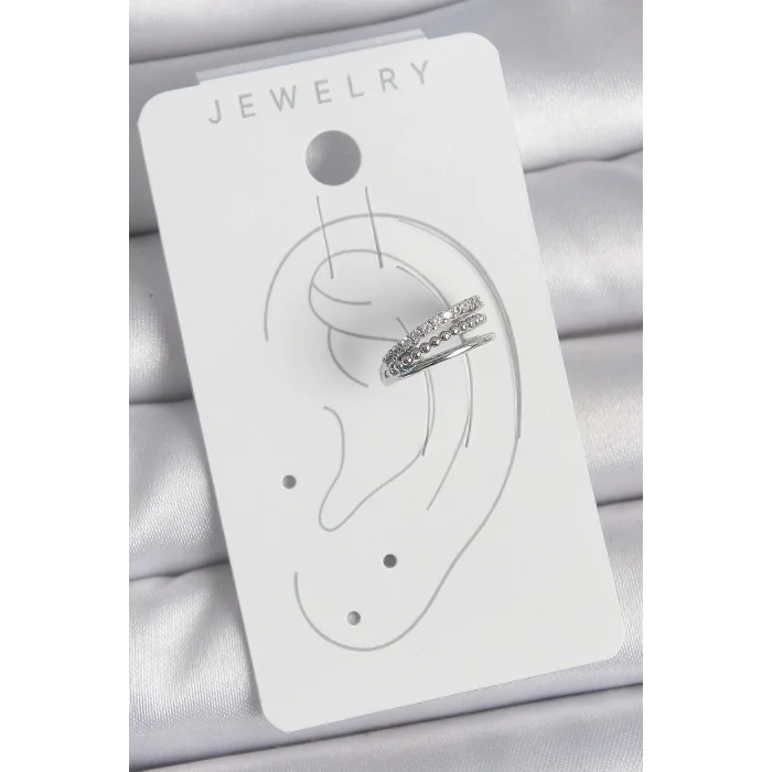 Pirinç Gümüş Renk Zirkon Taşlı 3Lü Sıralı Model Kadın Kıkırdak Küpe