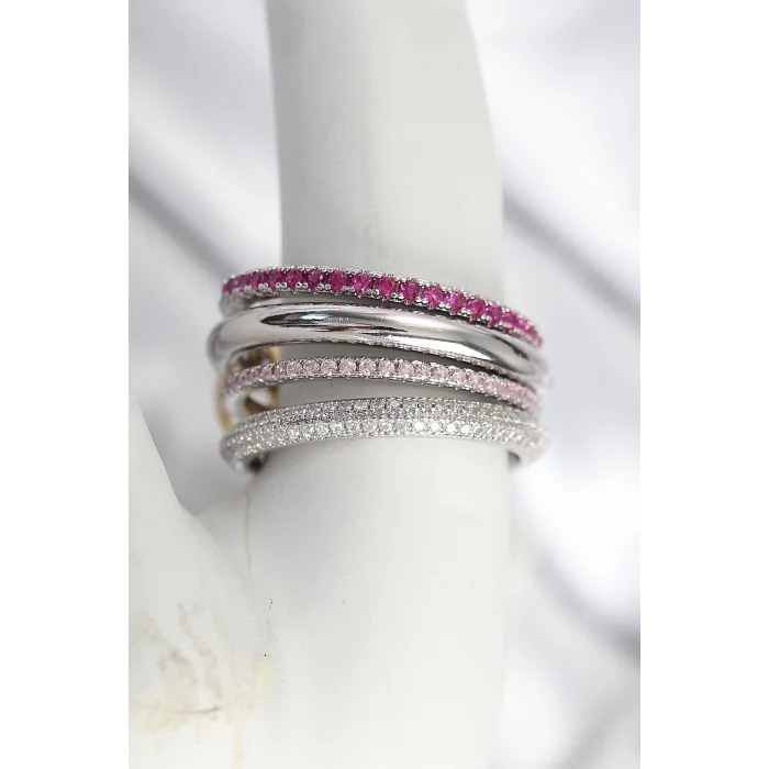 Pirinç Gümüş Renk Zirkon Taşlı 4Lü Kadın Yüzük