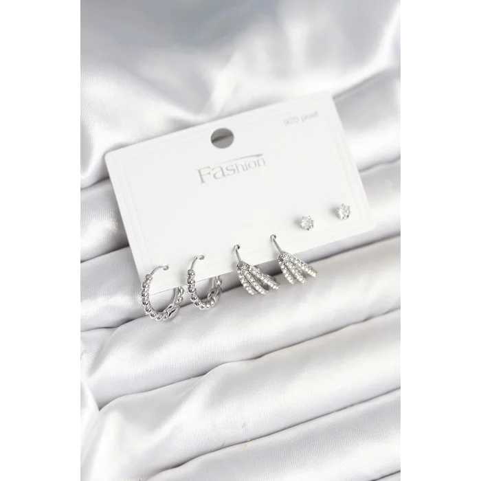 Pirinç Gümüş Renk Zirkon Taşlı 925 Gümüş Çivili Kadın Küpe Seti