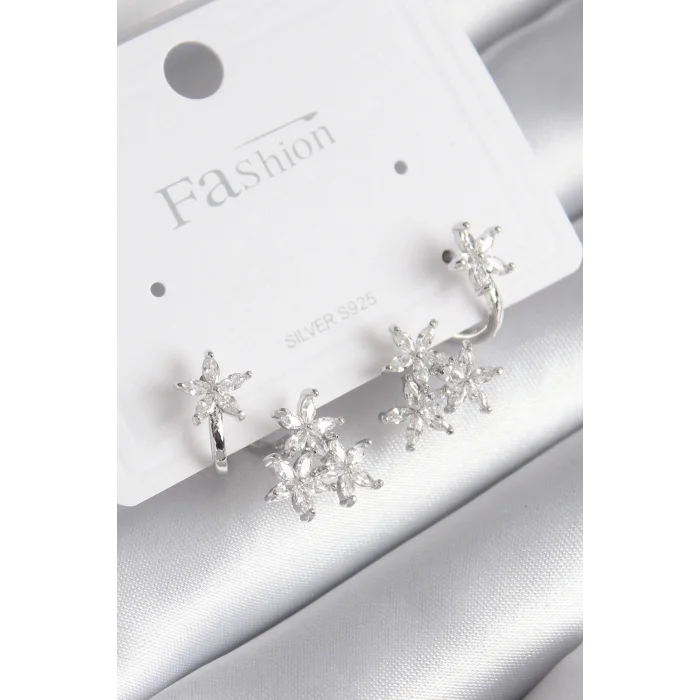 Pirinç Gümüş Renk Zirkon Taşlı Çiçek Tasarım Kadın Küpe