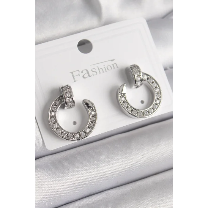 Pirinç Gümüş Renk Zirkon Taşlı Çivi Halka Model Kadın Küpe