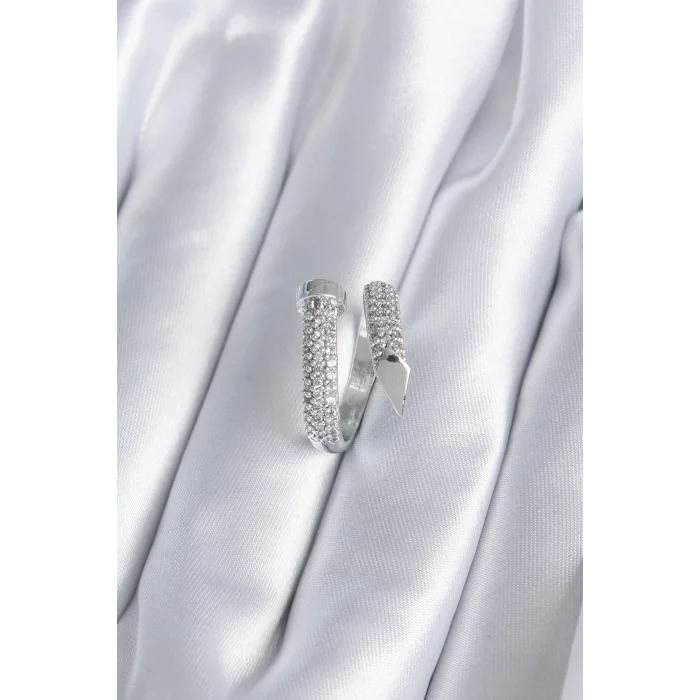 Pirinç Gümüş Renk Zirkon Taşlı Çivi Model Kadın Yüzük