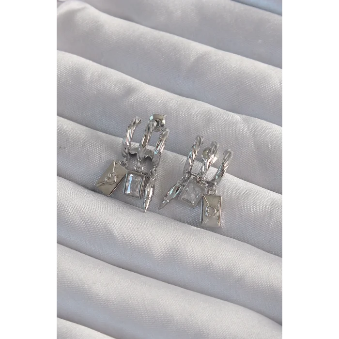 Pirinç Gümüş Renk Zirkon Taşlı Çoklu Aksesuarlı Yarım Halka Kaburga Küpe