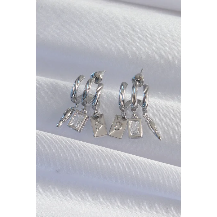 Pirinç Gümüş Renk Zirkon Taşlı Çoklu Aksesuarlı Yarım Halka Kaburga Küpe