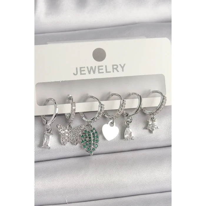 Pirinç Gümüş Renk Zirkon Taşlı Çoklu Figür Kadın Küpe Seti