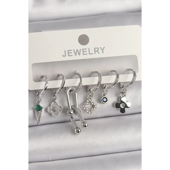 Pirinç Gümüş Renk Zirkon Taşlı Çoklu Figür Kadın Küpe Seti