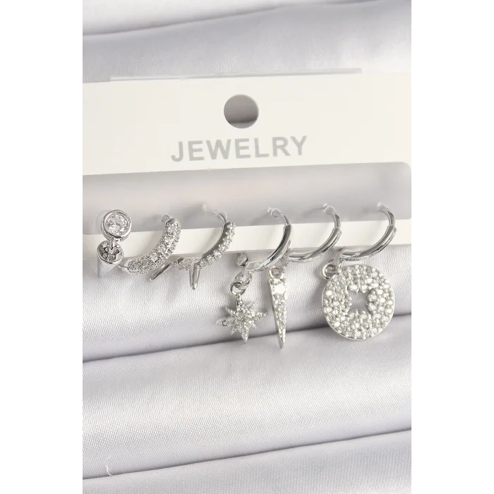 Pirinç Gümüş Renk Zirkon Taşlı Çoklu Figür Kadın Küpe Seti