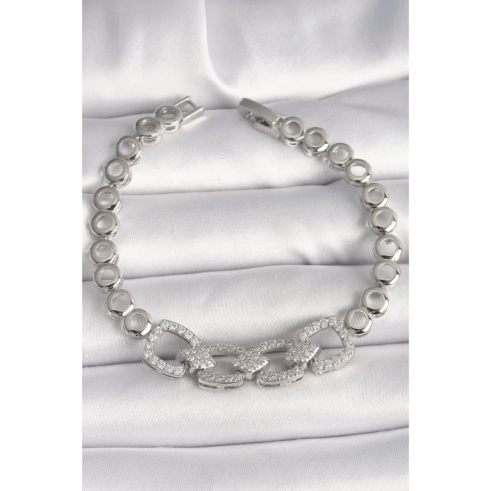 Pirinç Gümüş Renk Zirkon Taşlı Daire Zincir Model Kadın Bileklik