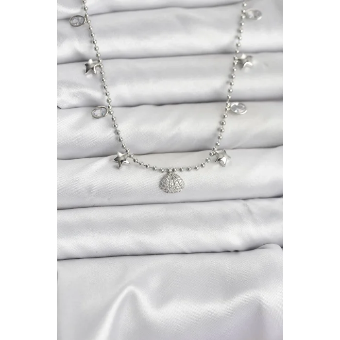 Pirinç Gümüş Renk Zirkon Taşlı Deniz Kabuğu Model Kadın Kolye