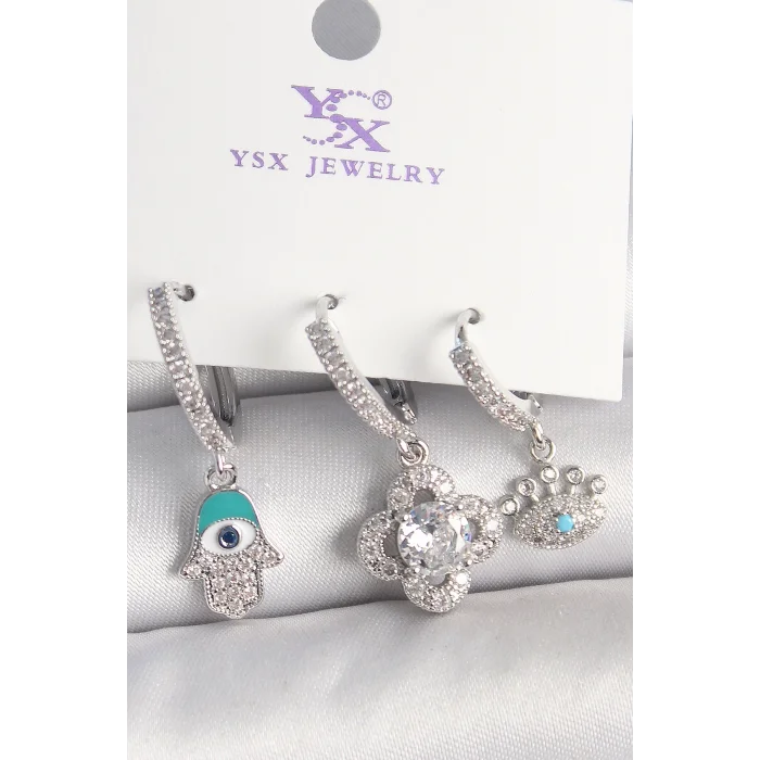 Pirinç Gümüş Renk Zirkon Taşlı Fatma Ana Yonca Figür Göz Detay 3Lü Kadın Kombin Küpe