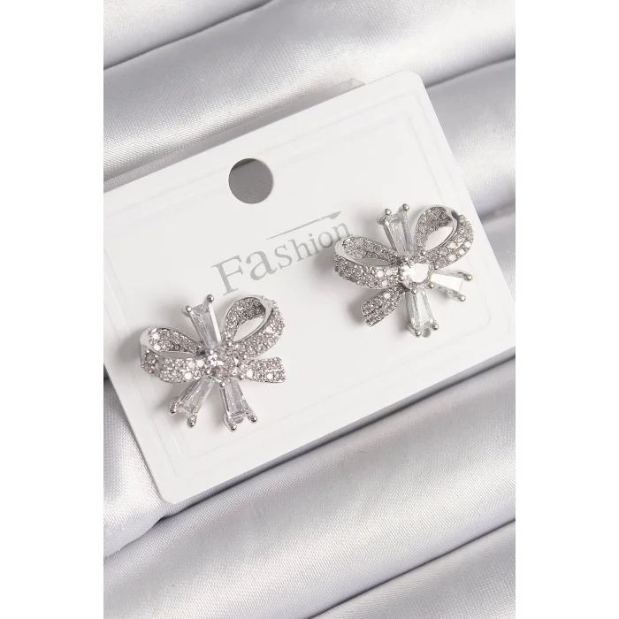 Pirinç Gümüş Renk Zirkon Taşlı Fiyonk Model Kadın Küpe