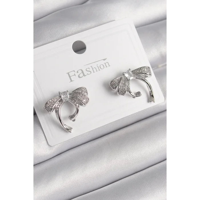 Pirinç Gümüş Renk Zirkon Taşlı Fiyonk Model Kadın Küpe