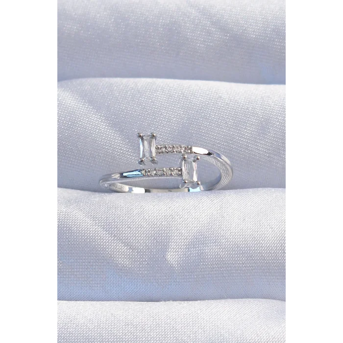 Pirinç Gümüş Renk Zirkon Taşlı Geometrik Ayarlanabilir Yüzük